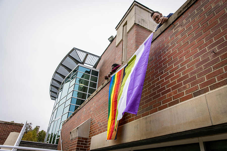 A series of flags representing the LGBTQIA+ community were placed Friday on the Student Union in commemoration of LGBTQIA+ month. (Photo by Todd Weddle/Northwest Missouri State University)