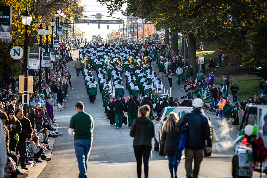 The Homecoming parade annually travels in front of the Northwest campus on Fourth Street on its way to the Maryville square. (Northwest Missouri State University photo)  