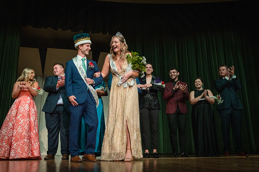Ryan Shurvington and Annie Punt react after being crowned Northwest's Homecoming king and queen Friday night during the Homecoming Variety Show. (Photos by Todd Weddle/Northwest Missouri State University)