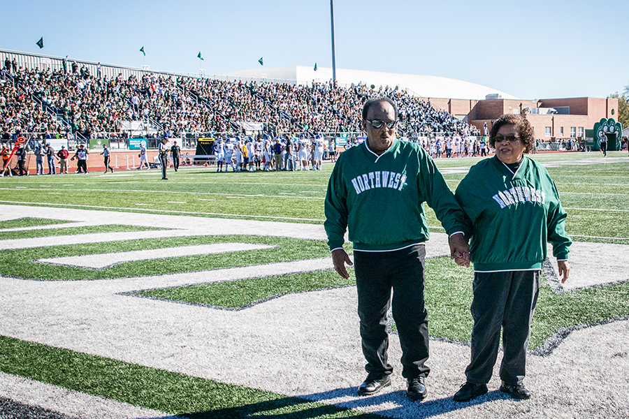 Joe Bell and his wife, Judy, were recognized during the Homecoming football game last fall. Joe graduated from the University in 1963 as its first African American to complete a degree. In honor of his legacy, The Black Alumni and Friends Chapter of the Northwest Alumni Association recently established the Joe Bell Black Alumni and Friends Scholarship. (Photo by Todd Weddle/Northwest Missouri State University)