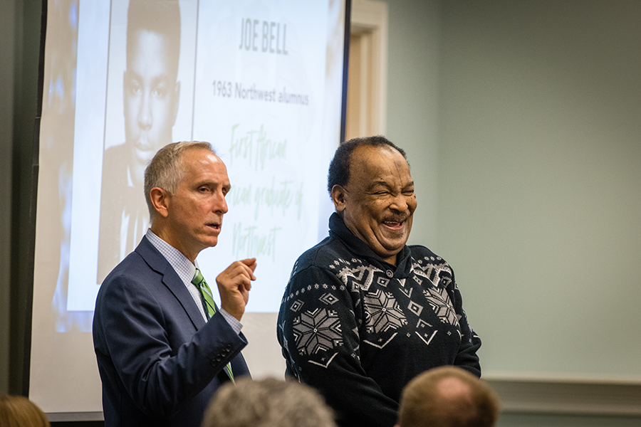 Northwest President Dr. John Jasinski recognized Joe Bell in front of the University's Board of Regents on Friday for his “his perseverance, pursuit of higher education, and his long and distinguished career as an educator.” (Photo by Todd Weddle/Northwest Missouri State University)