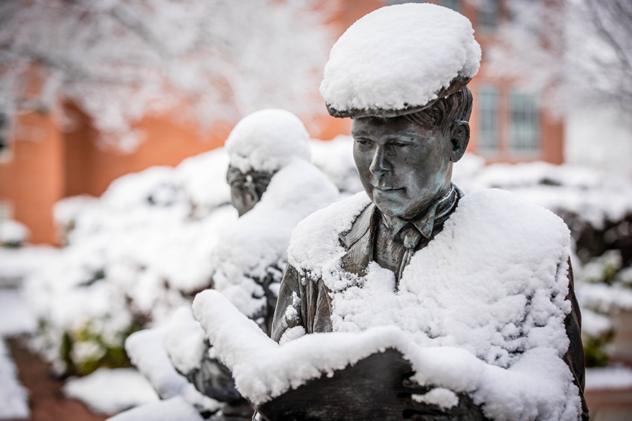 The Centennial Sculpture at the J.W. Jones Student Union was covered by snowfall last spring. With the onset of colder temperatures and winter months, Northwest reminds its campus community to take precautions for winter weather. (Photo by Todd Weddle/Northwest Missouri State University)