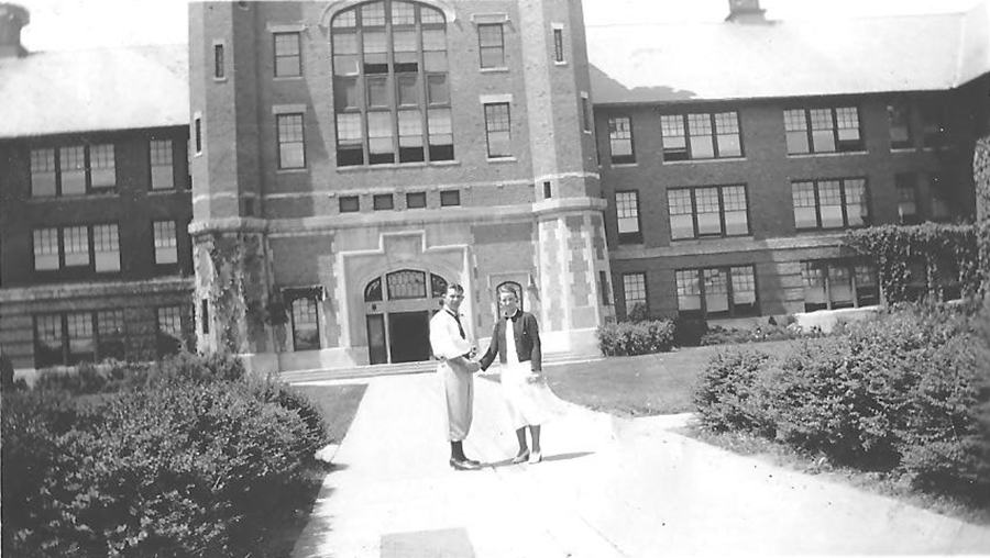 Nell Cowden's parents, Emily Jones and Bernard Cowden, are pictured in front of Northwest's Administration Building. Both attended Northwest during the early 1930s, and Emily graduated in 1933 with a degree in agricultural education. (Photo courtesy of Nell Cowden)