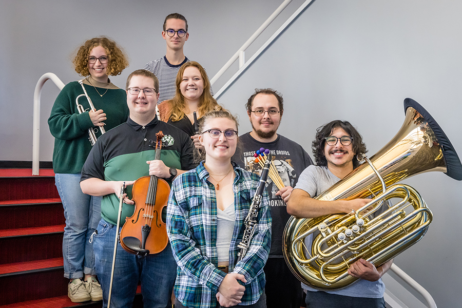 Nine Northwest students have been selected to perform in the Missouri 2022 All-Collegiate Honor Orchestra. Pictured left to right are (first row) Alexandria Fournier, John Salehi, (second row) Daniel Crowley, Michael Sears, (third row) Addie Fitzwater, Reba Bowen and (top row) Lucius Creamer.