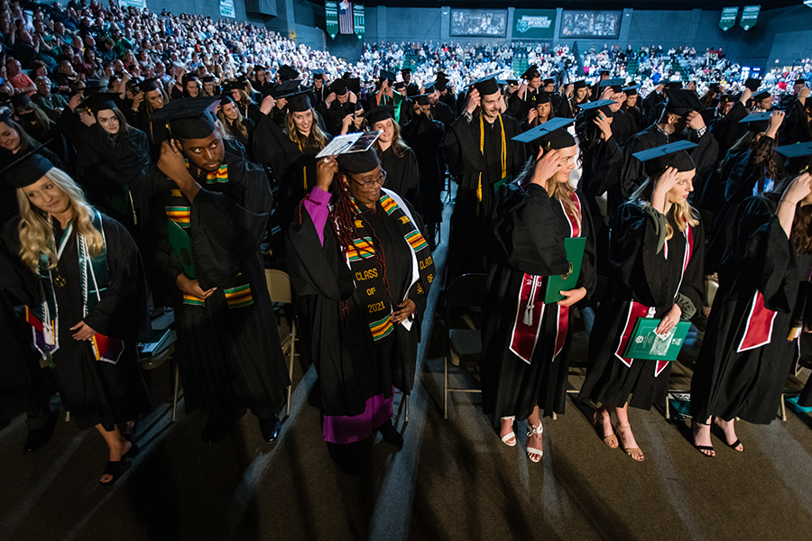 Northwest graduates move their tassels after the conferral of their degrees during one of the University's three winter commencement ceremonies. (Photos by Todd Weddle/Northwest Missouri State University) 