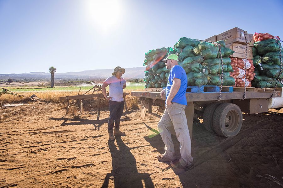 Stafford-Jones converses with a Maui farmer who had just finished loading his truck to fill an order for cabbage.