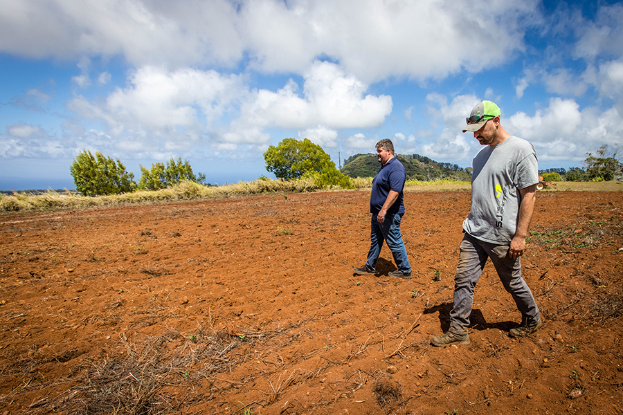 Stafford-Jones and Dr. Kyle Caires, a University of Hawaii faculty member, assess a pasture at the Haleakala Research Station, where Maui's red volcanic dirt offers another challenge in soil sampling for Stafford-Jones.