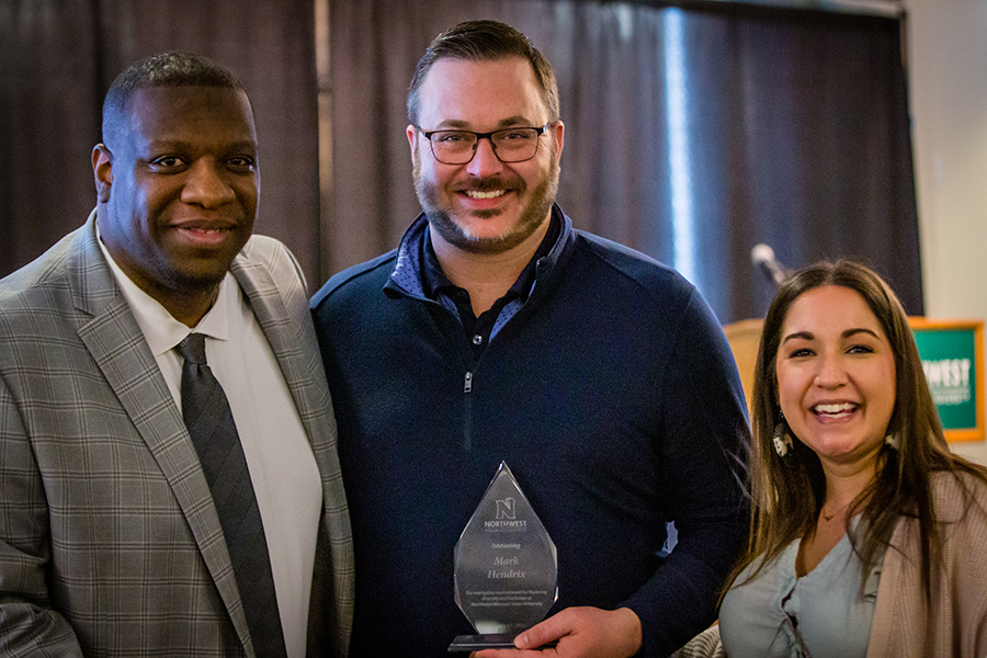 Dr. Justin Mallett (left) presented Mark Henrix (center) and Ashlee Hendrix (right) with Northwest's Commitment to Diversity and Inclusion Awards Monday during the University's annual Martin Luther King Jr. Day Peace Lunch.
