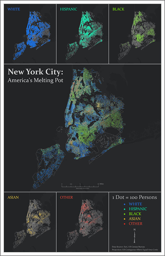 A map of racial distribution in New York City created by Northwest graduate student Tyler Morton will appear in the annual “ESRI Map Book.”   