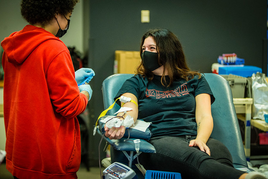 Above, a blood donor participates in the Northwest Student Senate's fall blood drive in October. Student Senate's winder blood drive is Feb. 16-17. (Photo by Todd Weddle/Northwest Missouri State University)