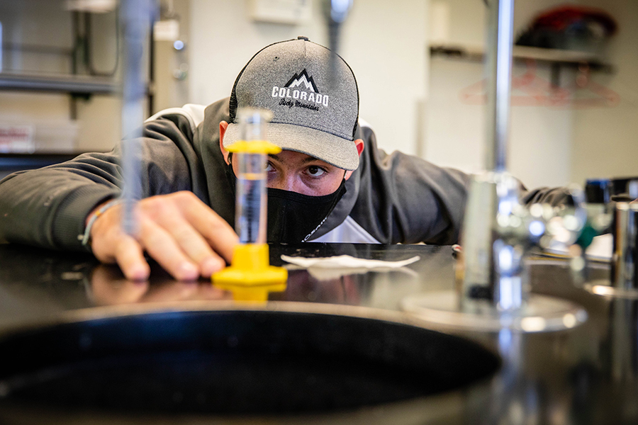Above, a student participates in a Northwest chemistry lab. The University's curriculum recently received certification from the American Chemical Society. (Photo by Todd Weddle/Northwest Missouri State University)