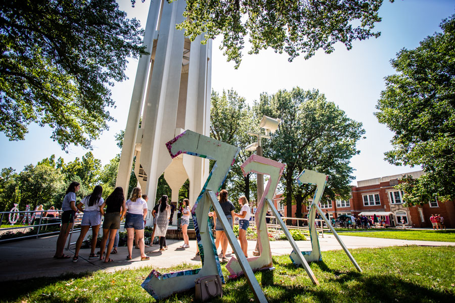 Greek life members gather at the Memorial Bell Tower for a Greek-meet-and-greet. (Photo by Todd Weddle/Northwest Missouri State University)