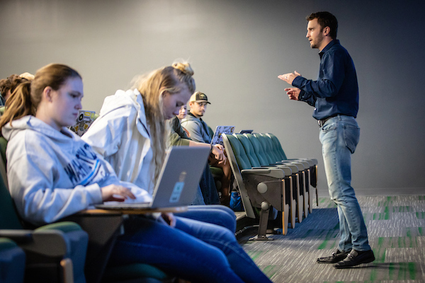 Dr. Tyler Tapps, an associate professor of recreation in the School of Health Science and Wellness, teaches a recreation operations management course. Tapps recently co-edited a textbook about dimensions of leisure. 
(Photo by Todd Weddle/Northwest Missouri State University)