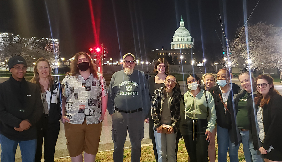 The contingent of Northwest TRIO staff and students traveling to Washington, D.C., included, left to right, Daren Ross, Student Support Services Assistant Director and Academic Success Coach Jacque Loghry, Al Snodderly, Upward Bound Math and Science Counselor Gene Westbrook, Ireland Palmer, Adriana Loya, Ponzee Pulikkal, E’miya Hill, Kaelyn Washam, Upward Bound Math and Science Assistant Director Julie Robertson and Jordyn Thiessen.