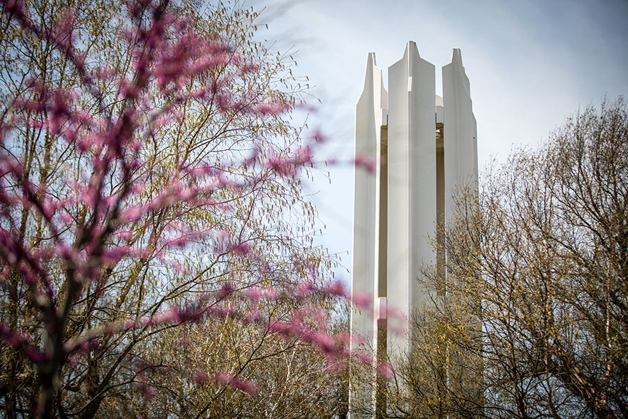 The Memorial Bell Tower, completed in 1971, stands in the middle of the Northwest campus to memorialize students, employees and other members of the University community. (Photo by Lauren Adams/Northwest Missouri State University)
