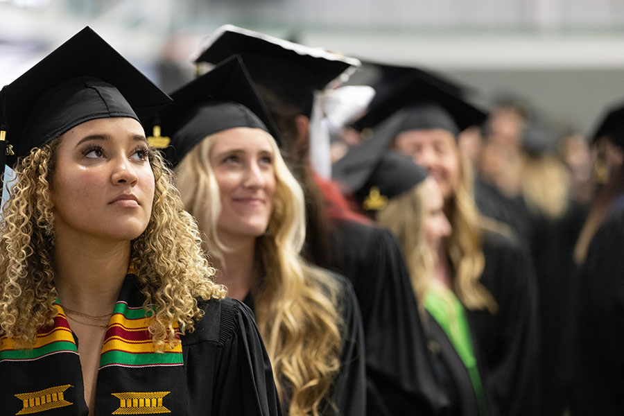 Northwest graduates looked on as they processed into Bearcat Arena for commencement ceremonies. (Photo by Todd Weddle/Northwest Missouri State University)