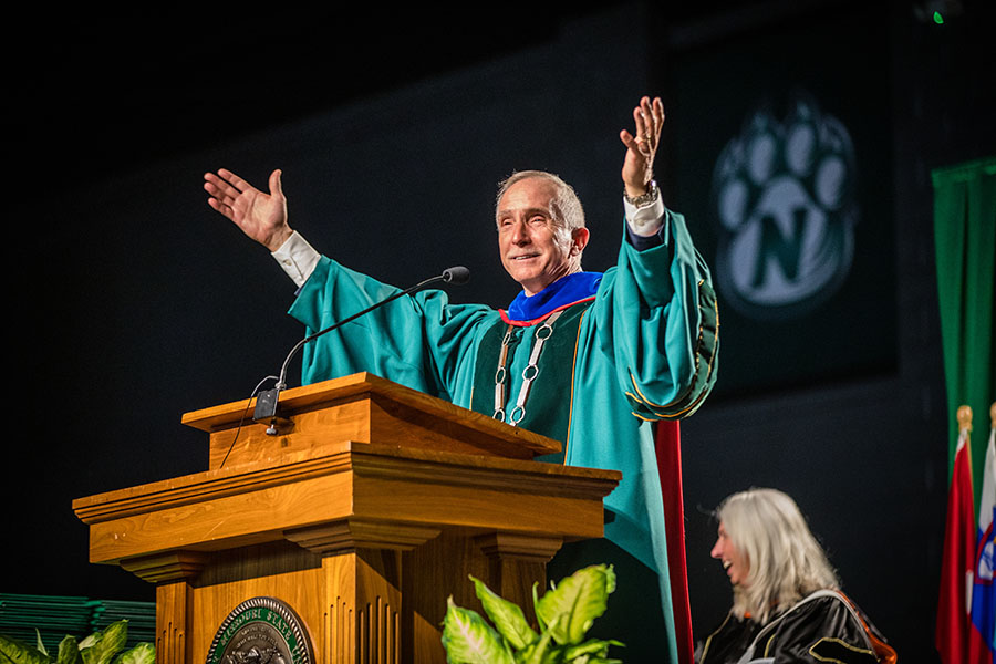 President Jasinski delivers his remarks during commencement ceremonies. (Photo by Lauren Adams/Northwest Missouri State University)