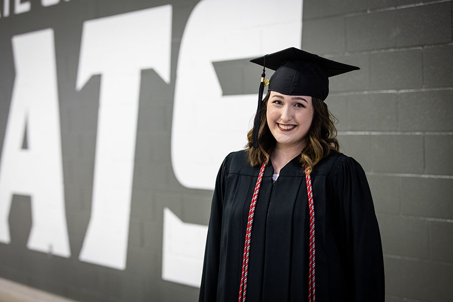 Rhiannon Hopkins, graduated from Northwest on May 7 with her bachelor’s degree in speech and theater education and is becoming a forensics coach and theater director next fall in the Independence School District. (Photo by Todd Weddle/Northwest Missouri State University)