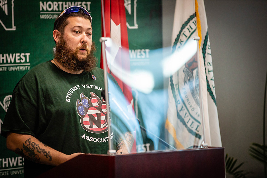Thomas Goldizen, a human services major who serves as the president of Northwest’s Student Veterans Association, addressed attendees at the University's opening of its Veterans Commons in Valk Center in 2020. Goldizen says the resources Northwest offers to veterans have provided needed support to him as he pursues his bachelor's degree. (Photo by Todd Weddle/Northwest Missouri State University)