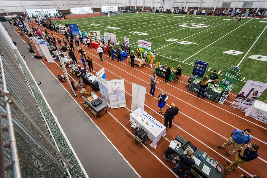 Employers from throughout the region line the Hughes Fieldhouse track each fall and spring during the University's Career Day. (Photo by Todd Weddle/Northwest Missouri State University)
