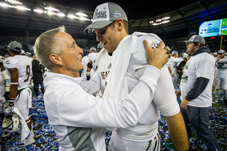 President Jasinski congratulated Bearcat quarterback Brady Bolles after the football program won its 2015 NCAA Division II national championship. 