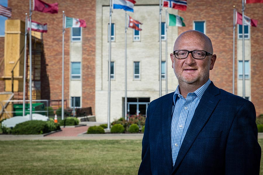 Nate Blackford in front of Martindale Hall. (Photo by Lauren Adams/Northwest Missouri State University)