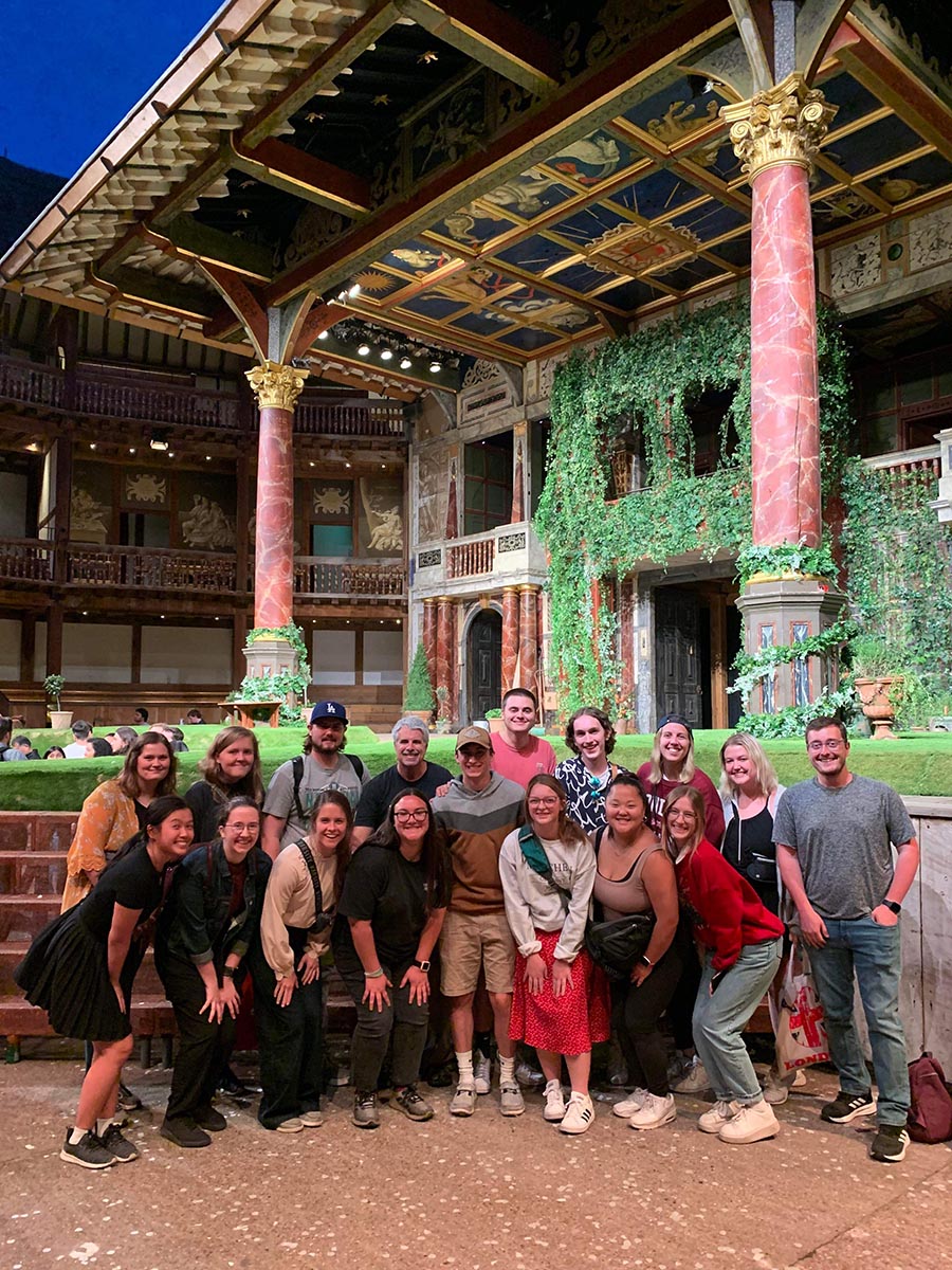 Northwest students and faculty members posed for picture at Shakespeare’s Globe theater, where they attended a production of “Much Ado About Nothing” during an 18-day study abroad experience in Europe. (Submitted photo)