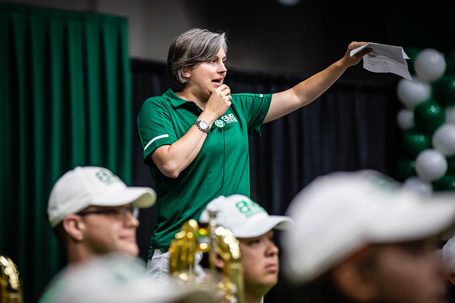 Dr. Katy Strickland joined the Northwest faculty in 2013 and conducts the Bearcat Marching Band. (Photo by Todd Weddle/Northwest Missouri State University)