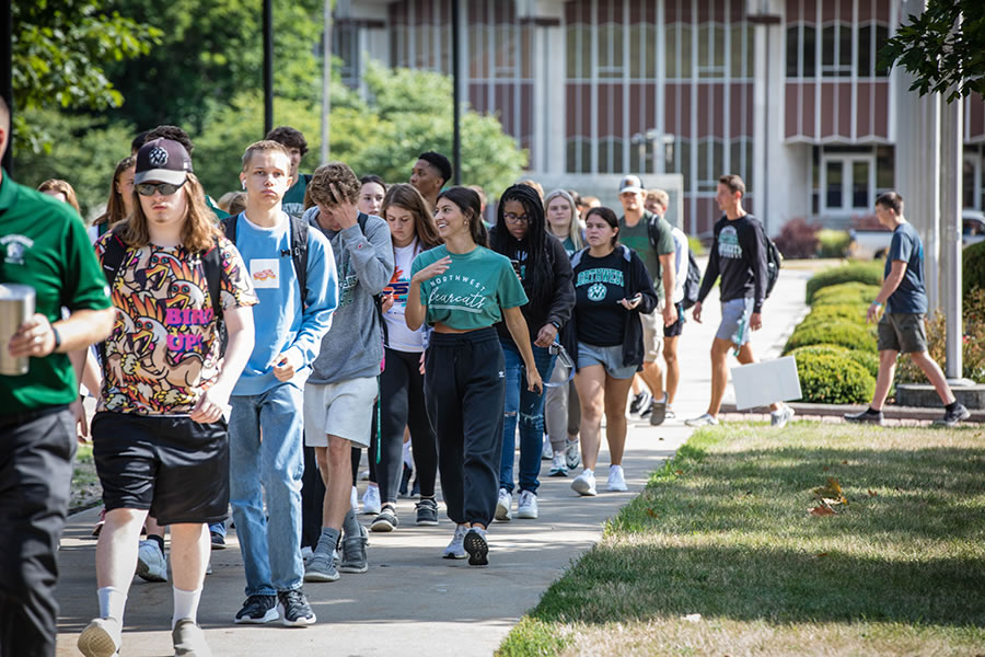 Northwest first-year students walk the Maryville campus in August prior to the start of the fall semester. (Photo by Abigayle Rush/Northwest Missouri State University)