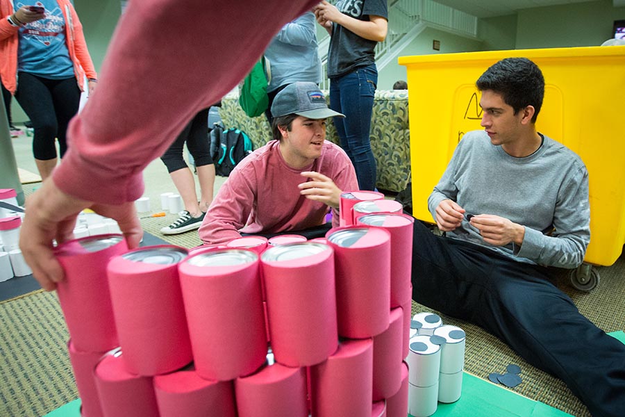 Student organizations build scenes using canned foods during an annual Homecoming contest. (Photo by Jay Bradway/Northwest Missouri University)
