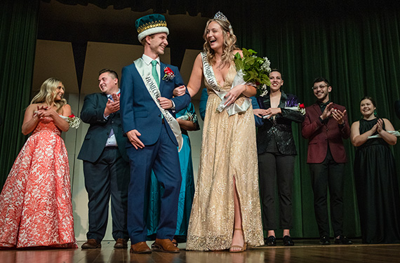 Ryan Shurvington and Annie Punt react after being crowned Northwest's 2021 Homecoming king and queen during last year's Homecoming Variety Show. (Photo by Todd Weddle/Northwest Missouri State University)
