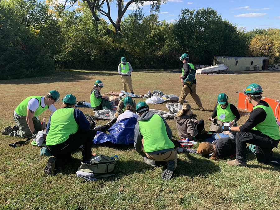 A team of first responders help victims of a simulated natural disaster during Missouri Hope.