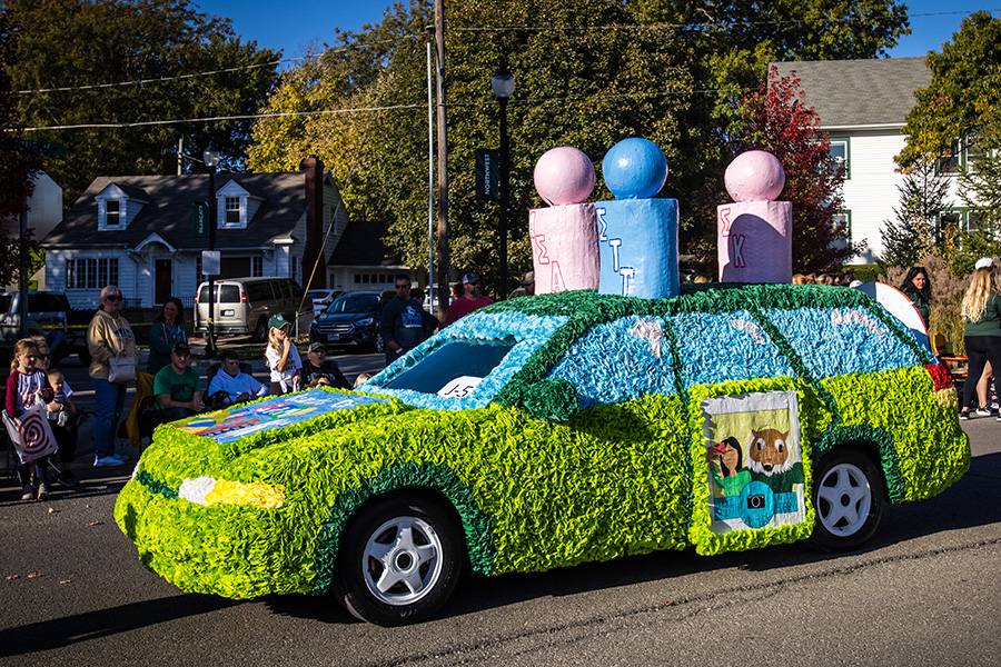 Alpha Sigma Alpha, Sigma Kappa and Sigma Tau Gamma took second place in the Homecoming parade for their jalopy. (Photo by Abigayle Rush/Northwest Missouri State University) 