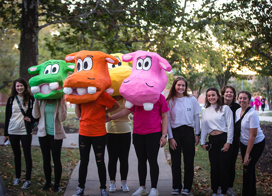 Sigma Kappa took first place in the Homecoming parade for its paper mache heads. (Photo by Bridget McLaughlin-Smith/Northwest Missouri State University)