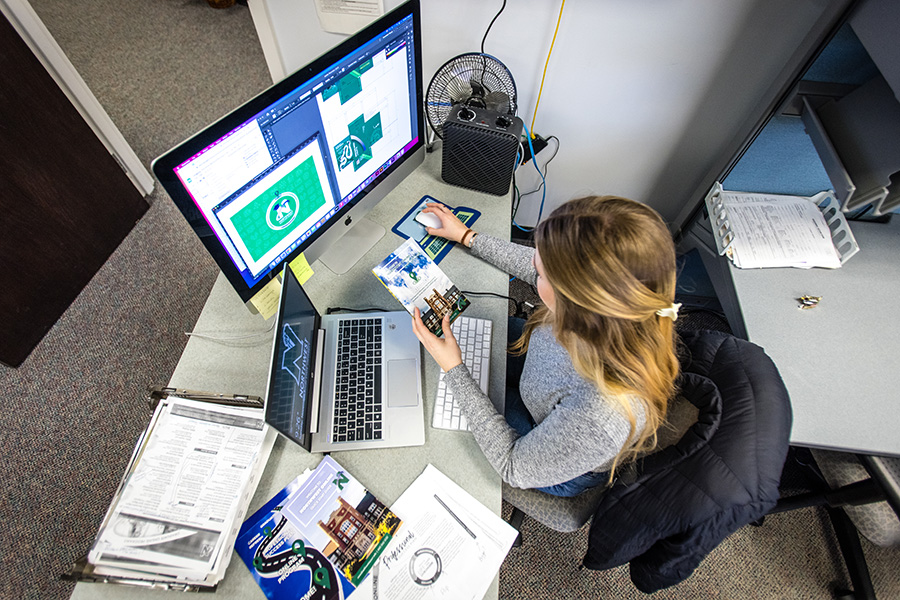 Martina Pascuzzo works on a project in the Learning and Teaching Center where she is a graphic designer this fall.