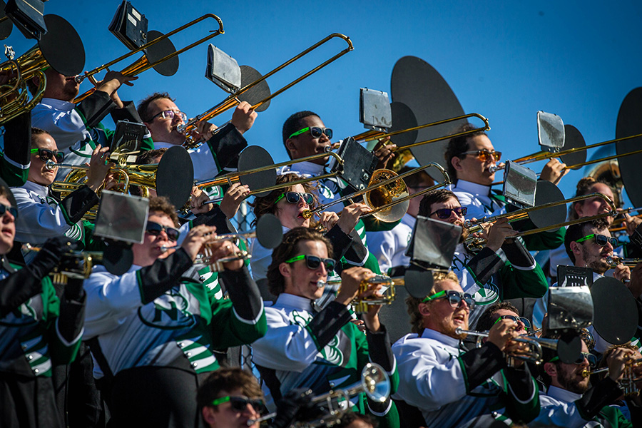 The Bearcat Marching Band performs at a 2021 Northwest football game. (Photo by Todd Weddle/Northwest Missouri State University)