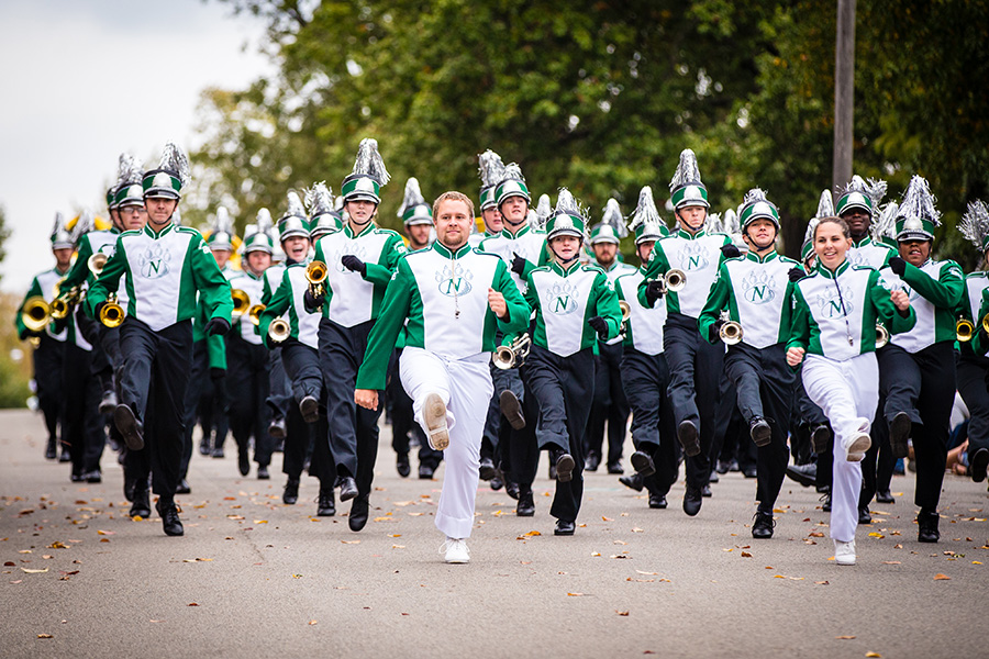The Bearcat Marching Band performs in Northwest's 2017 Homecoming parade. (Photo by Todd Weddle/Northwest Missouri State University)