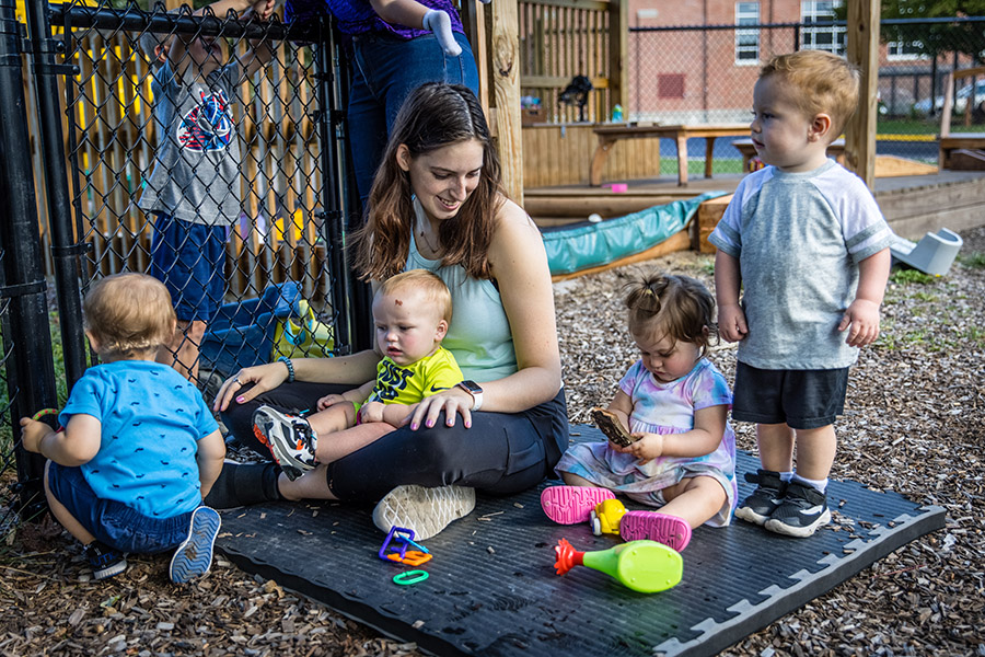 Northwest's early childhood center features outdoor as well as indoor spaces for children to learn and play.
Student employees, including Kristiana Wolfgeher, a freshman human services major from Kansas City, Missouri, gain profession-based experience by working at the center.