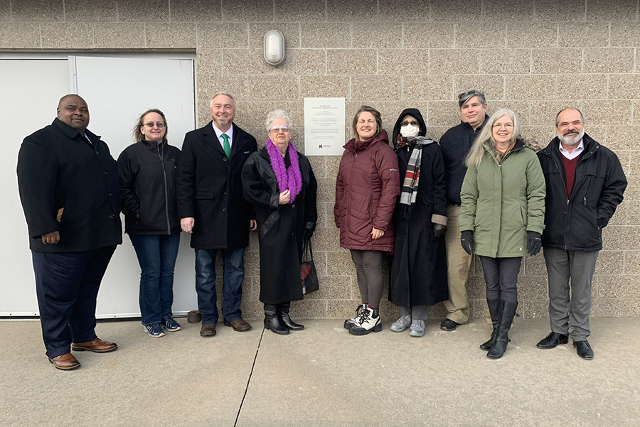 Northwest dedicated its outdoor observation area at MOERA as the Jim Smeltzer Astronomy Observation Area. Left to right are Northwest Interim President Dr. Clarence Green; Lisa Crater, office manager of Northwest's Department of Natural Sciences; Northwest alumnus Darin Stephens; Naoma Smeltzer, widow of Dr. Jim Smeltzer; Sherry Smeltzer Barnes and Lisa Smeltzer, daughters of Jim Smeltzer; Dr. Mark Corson, chair of the Department of Natural Sciences; Lori Steiner, assistant vice president of University Advancement and chief finance officer of the Northwest Foundation; and Dr. Mike Steiner, associate provost and dean of the College of Arts and Sciences.