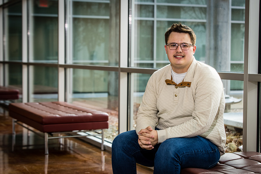 Trenton Jones at the Dean L. Hubbard Center for Innovation, which serves as the home of Northwest's School of Agricultural Sciences. (Photo by Lauren Adams/Northwest Missouri State University)