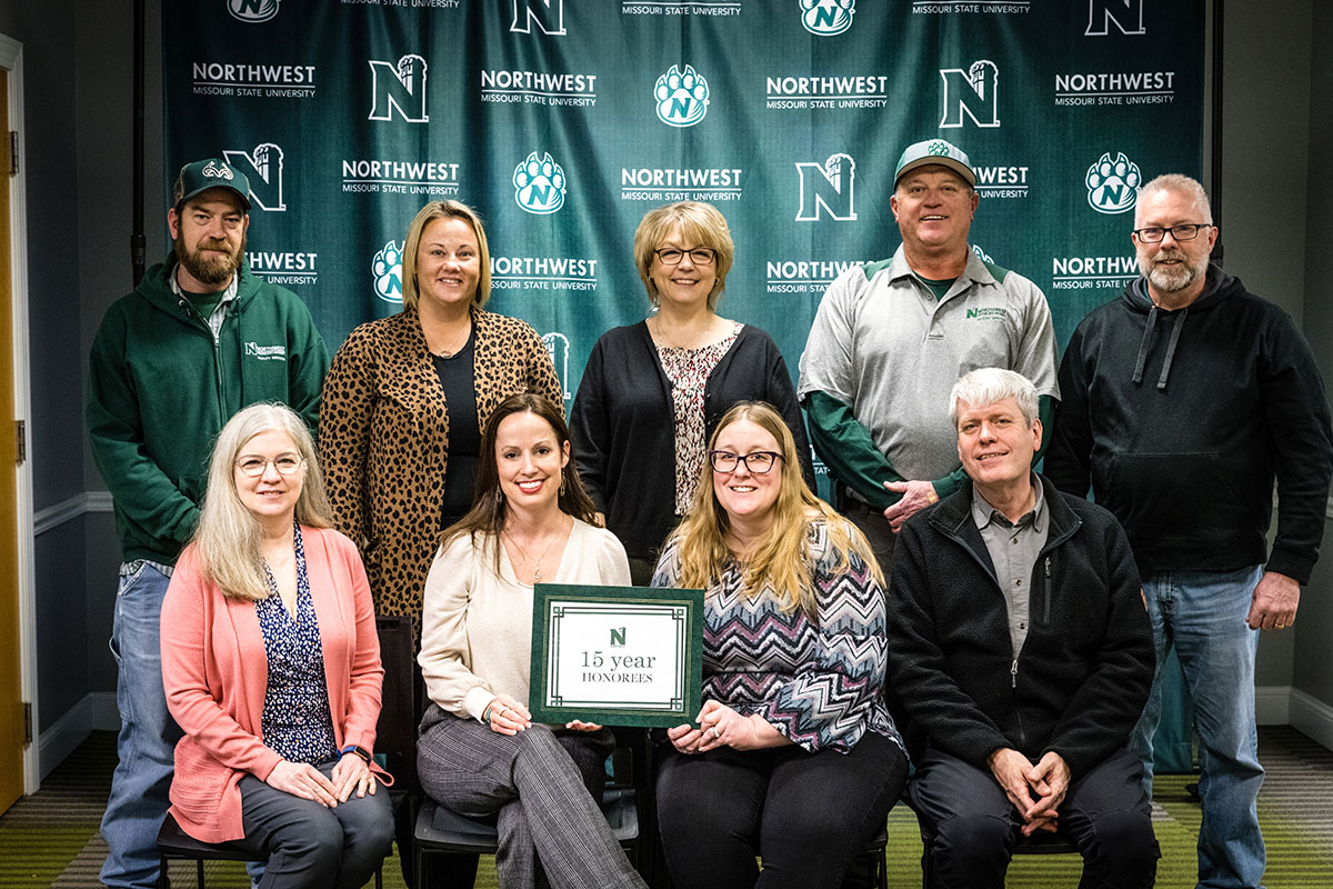 Front row, left to right:
Lori Steiner, assistant vice president of university advancement and chief finance officer of the Northwest Foundation, Office of University Advancement;
Rebecca Lobina, director of the Small Business Technology Development Center and director of continuing professional education, Northwest-Kansas City;
Kathy Pankau, data specialist, Office of Admissions;
Darren Perkins, chief engineer, KXCV-KRNW.

Back row, left to right:
Jack Bucy, building trades supervisor, Facility Services;
Dr. Allison Hoffmann, assistant vice president of admissions and student success;
Karen Vogel, admissions specialist, Office of Admissions;
Robert Archer, groundskeeper, Facility Services;
Scot Calfee, technology specialist, Office of Information Technology.