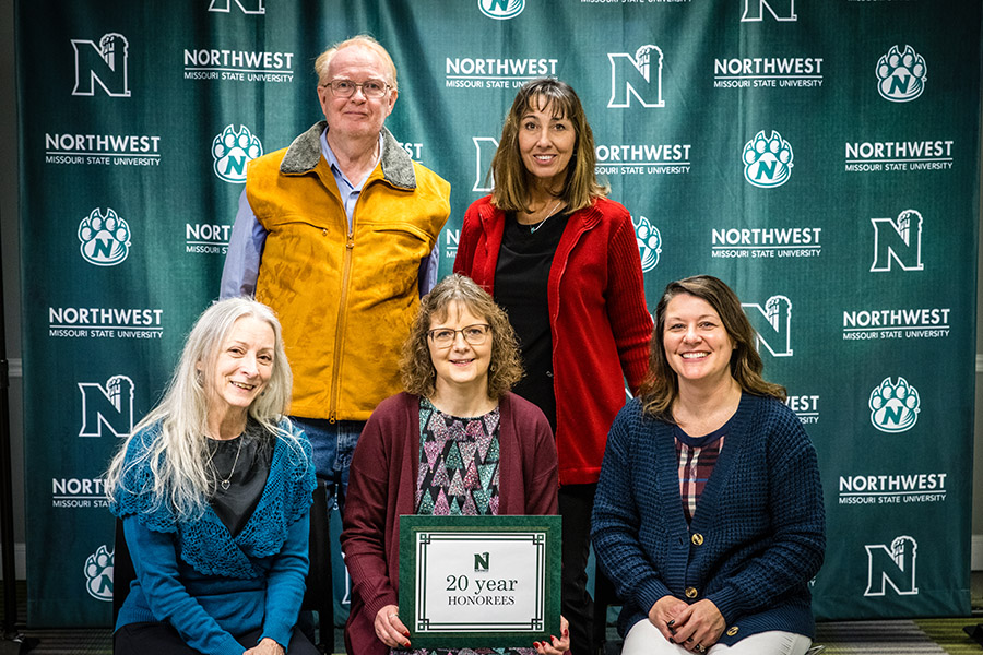 Front row, left to right: 
Dr. Rebecca Dunnell, professor of music, Department of Fine and Performing Arts;
Marsha Martin, general project assistant, Regional Professional Development Center;
Tamera Grow, director of admissions-operations, Office of Admissions.

Back row, left to right:
Dr. John Pope, associate professor of geology, Department of Natural Sciences;
LeAnne Carmichael, registered nurse, Wellness Services.