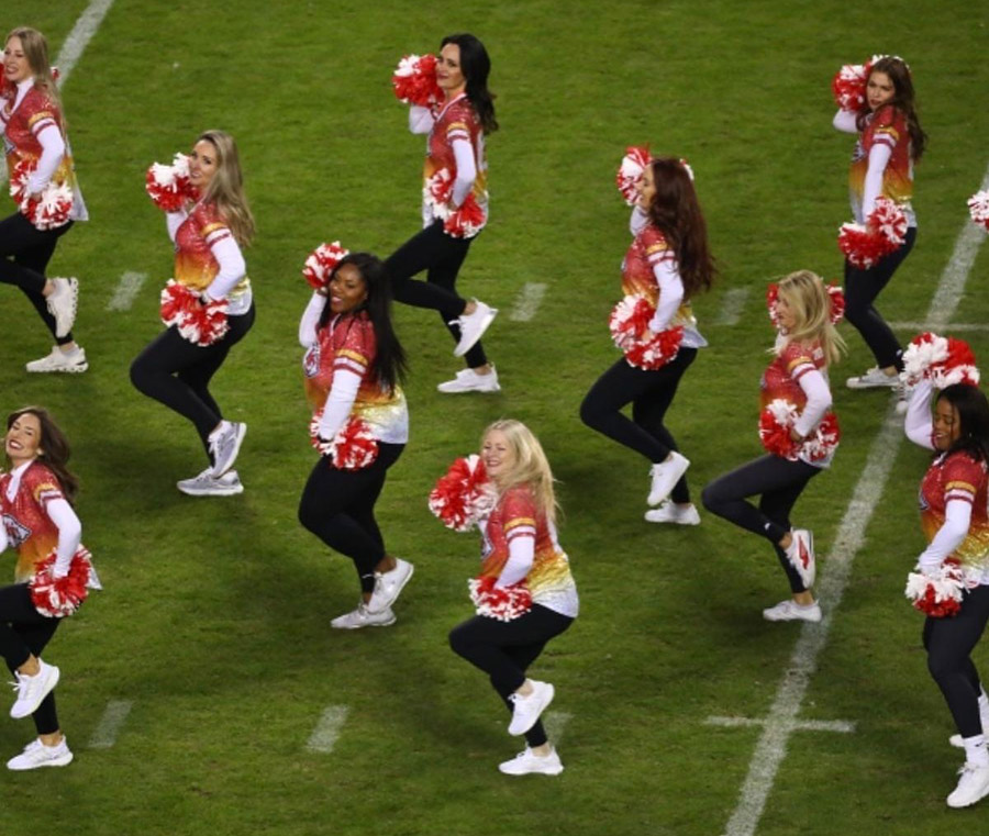 Dr. Tina Pulley, an assistant professor of health and physical education at Northwest, joined Chiefs cheerleading alumni for a special halftime performance Nov. 27 at Arrowhead Stadium. (Submitted photos)