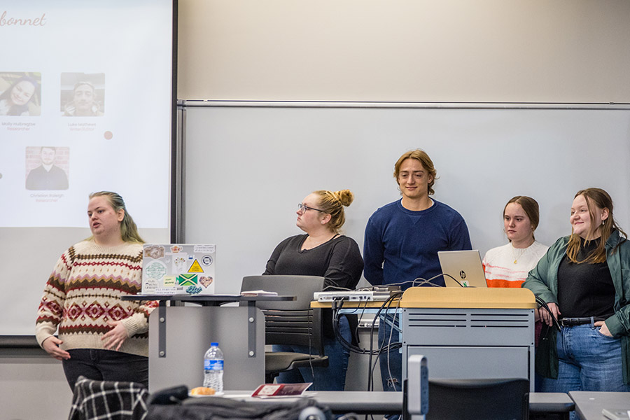 Students in Northwest's professional and technical writing course on Dec. 7 presented their plan for defending the campus against zombies. (Photo by Todd Weddle/Northwest Missouri State University)