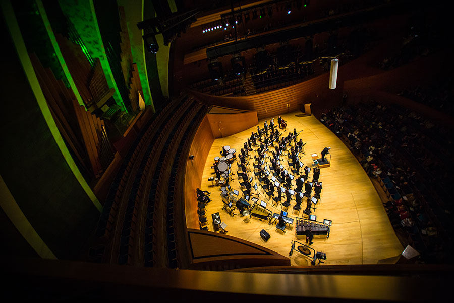 The Kauffman Center’s oval-shaped Helzberg Hall is an intimate and immersive experience for performers as well as audiences. 