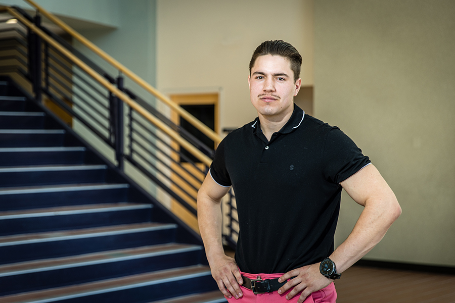 Michael Verhoeven is pictured in Colden Hall, the home of Northwest's Melvin D. and Valorie G. Booth School of Business. (Photo by Lauren Adams/Northwest Missouri State University)