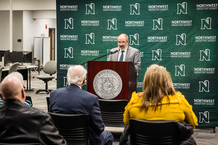 Dr. Mike Steiner shares remarks with Northwest community members attending Tuesday's celebration commemorating the 40th anniversary of the B.D. Owens Library's opening. (Photo by Lauren Adams/Northwest Missouri State University)