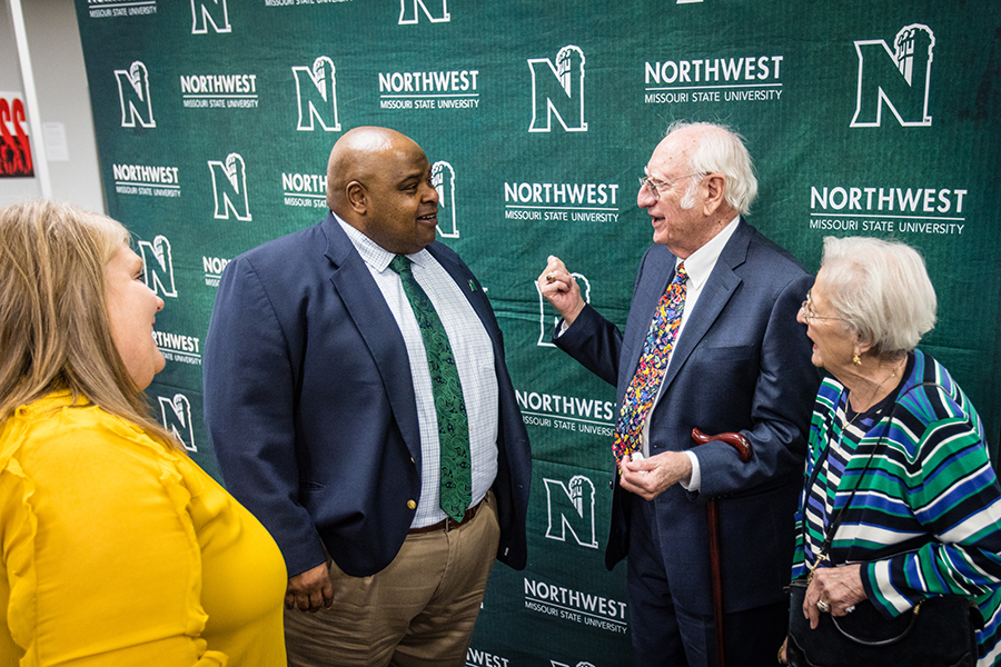 Left to right at Tuesday's 40th anniversary celebration of the Owens Library are Chelli and Dr. Clarence Green and Dr. B.D. and Sue Owens.  (Photo by Lauren Adams/Northwest Missouri State University)