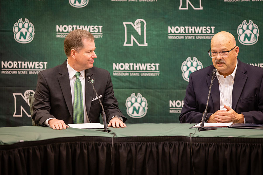 John Moore, right, introduced Dr. Lance Tatum as Northwest's next president. (Photos by Todd Weddle/Northwest Missouri State University)