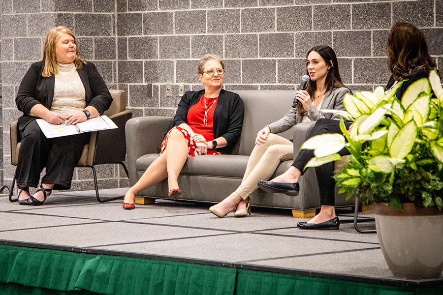 Left to right, Chelli Green, Stacy Carrick, Elizabeth Motazedi and Dr. Becky Albrecht participated in a panel discussion during Tuesday's celebration of  “Influential Women of Northwest.” (Photo by Bridget McLaughlin-Smith/Northwest Missouri State University)